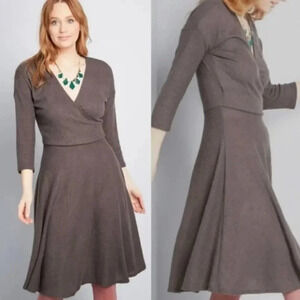 Modcloth Gray Ribbed Knit Faux Wrap Dress